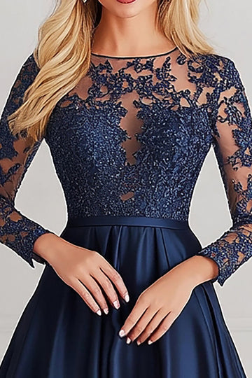 Navy A-Line Long Sleeve Lace Top Satin Mother of the Bride Dress